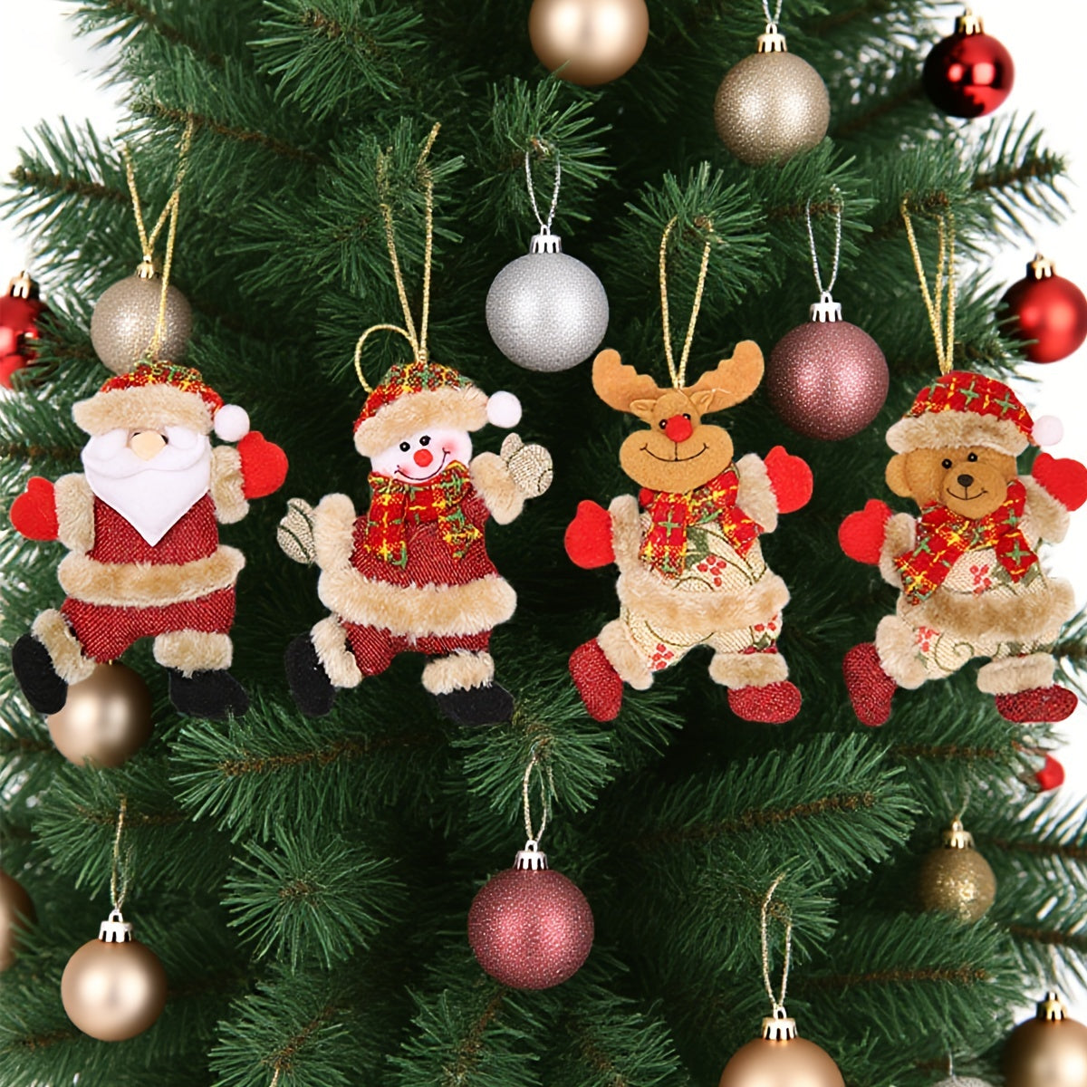 Festive Christmas Tree Ornaments - Santa, Snowman, Reindeer & Bear Figures With Red & White Scarves, Golden Balls & Red Bows - Perfect For Holiday Decor, Christmas Decorations Michan Direct
