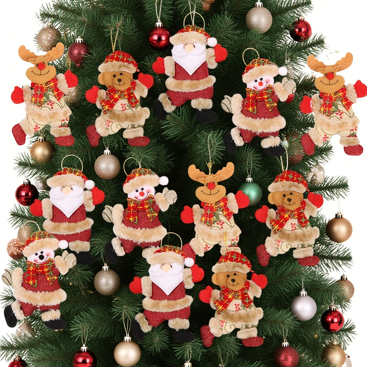 Festive Christmas Tree Ornaments - Santa, Snowman, Reindeer & Bear Figures With Red & White Scarves, Golden Balls & Red Bows - Perfect For Holiday Decor, Christmas Decorations Michan Direct