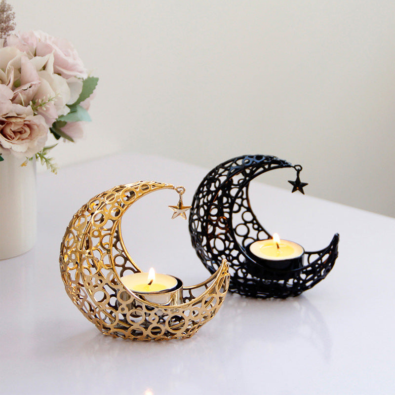 Light Luxury Crescent Moon Star Moon Black Gold Metal Candle Holder Modern Romantic Wedding Christmas Candle Cup Home Decor Michan Direct