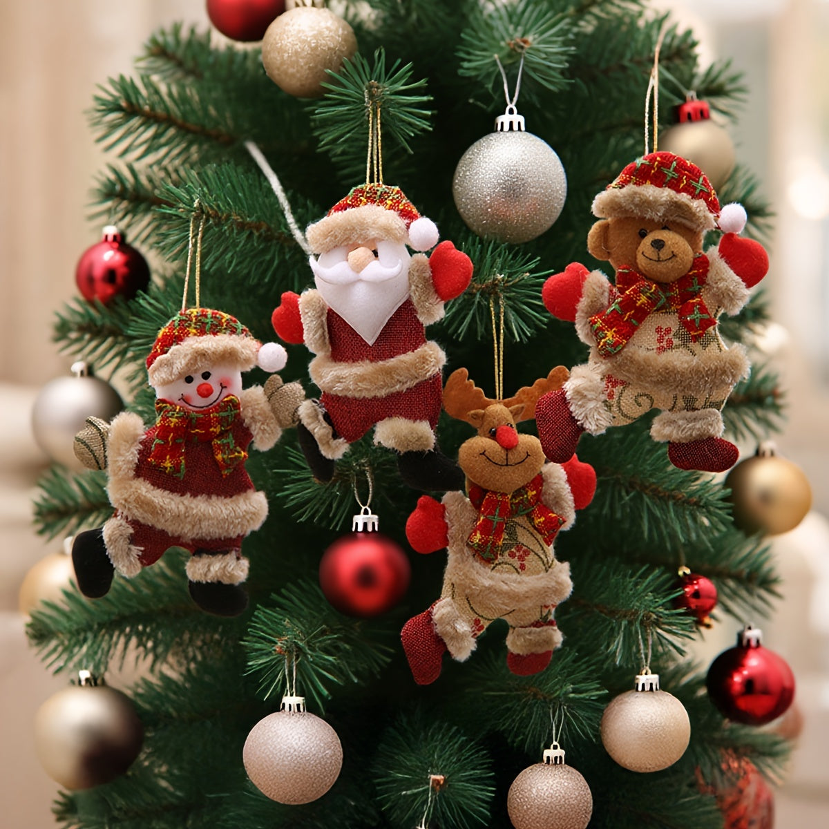 Festive Christmas Tree Ornaments - Santa, Snowman, Reindeer & Bear Figures With Red & White Scarves, Golden Balls & Red Bows - Perfect For Holiday Decor, Christmas Decorations Michan Direct
