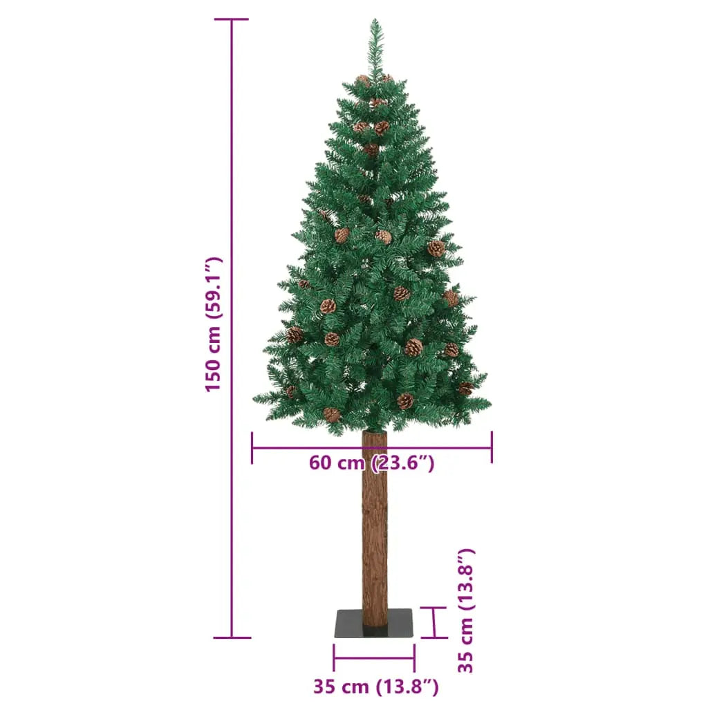 vidaXL Slim Christmas Tree with Real Wood and Cones Green 150 cm PVC Lucy And Phil Academy Lucy And Phil Academy