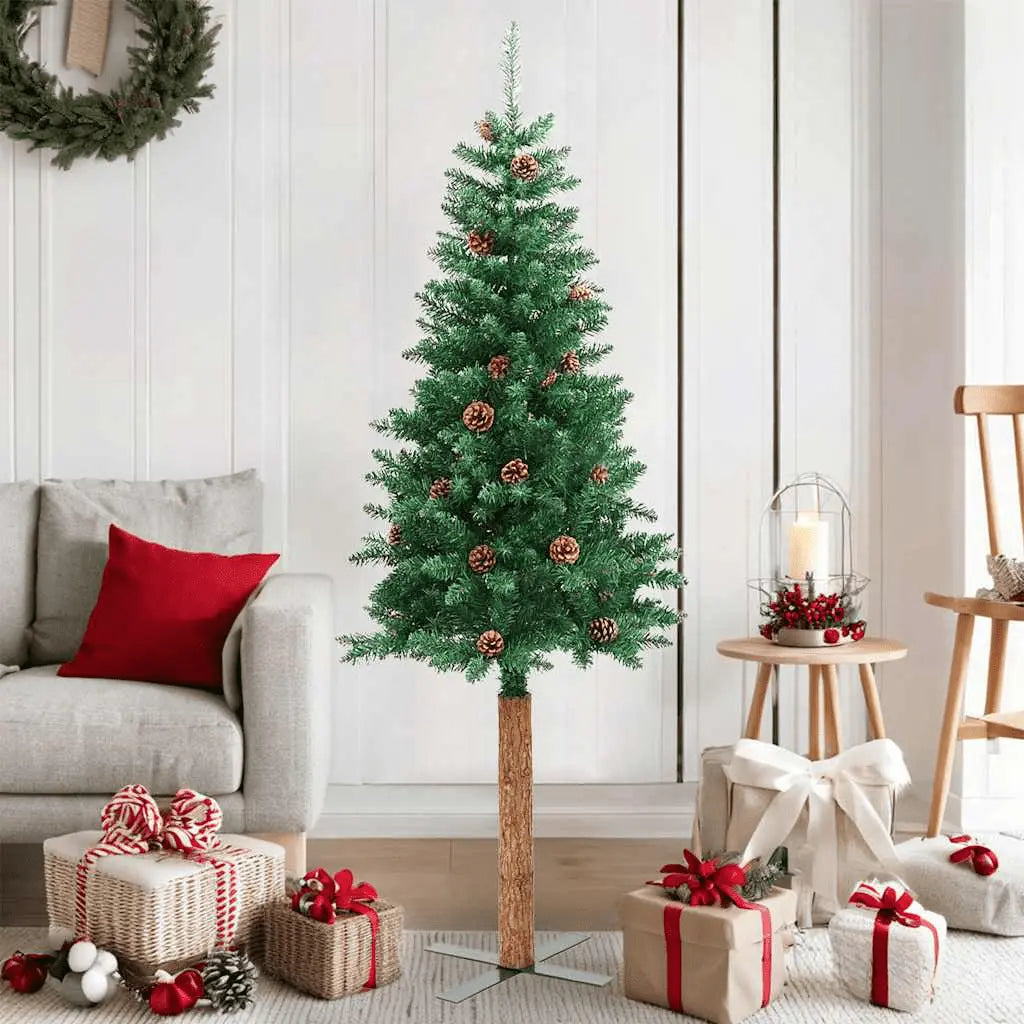 vidaXL Slim Christmas Tree with Real Wood and Cones Green 150 cm PVC Lucy And Phil Academy Lucy And Phil Academy