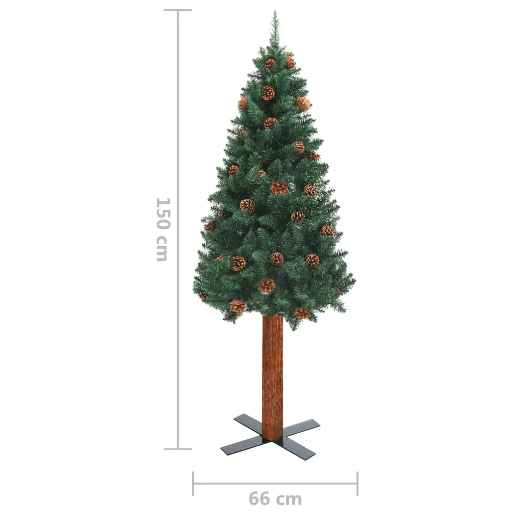 vidaXL Slim Christmas Tree with Real Wood and Cones Green 150 cm PVC Lucy And Phil Academy Lucy And Phil Academy