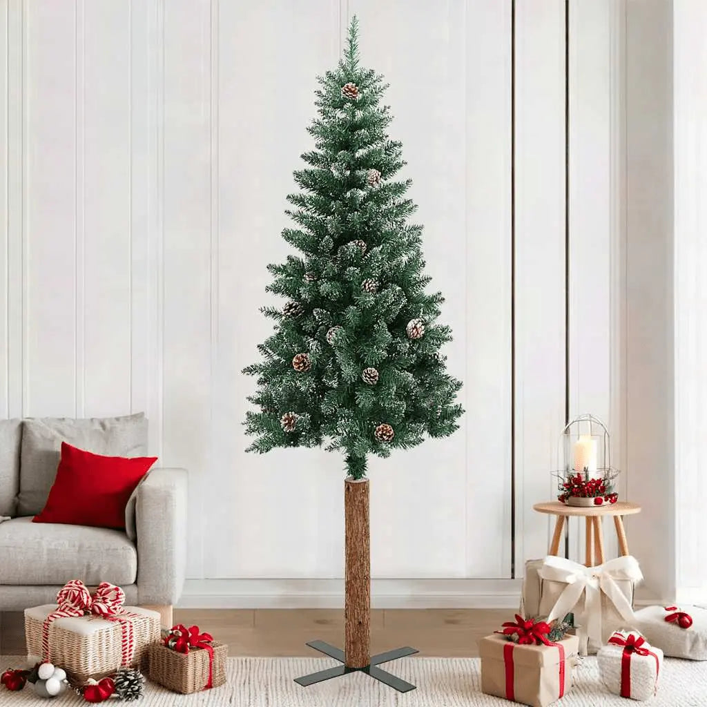 vidaXL Slim Christmas Tree with Real Wood and White Snow Green 210 cm Lucy And Phil Academy Lucy And Phil Academy