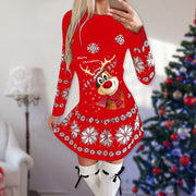 Christmas Print Round Neck Long Sleeve Dress Michan Direct