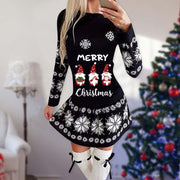 Christmas Print Round Neck Long Sleeve Dress Michan Direct