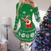 Christmas Print Round Neck Long Sleeve Dress Michan Direct