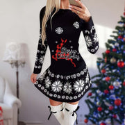 Christmas Print Round Neck Long Sleeve Dress Michan Direct
