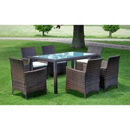 vidaXL 7 Piece Outdoor Dining Set with Cushions Poly Rattan Brown Lucy And Phil Academy Lucy And Phil Academy