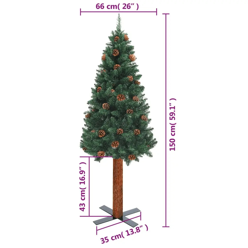 vidaXL Slim Christmas Tree with Real Wood and Cones Green 150 cm PVC Lucy And Phil Academy Lucy And Phil Academy