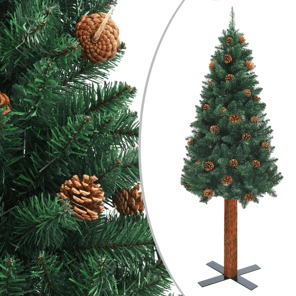vidaXL Slim Christmas Tree with Real Wood and Cones Green 210 cm PVC Lucy And Phil Academy Lucy And Phil Academy