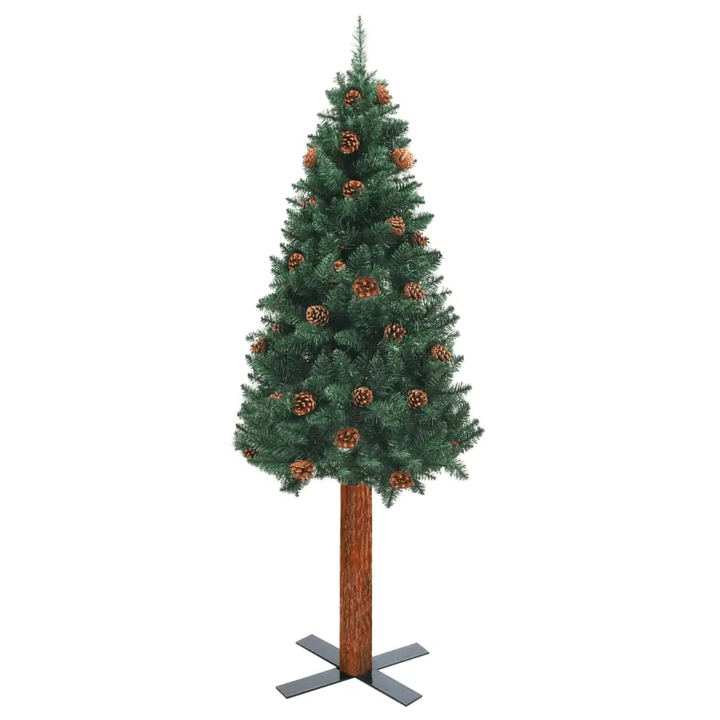 vidaXL Slim Christmas Tree with Real Wood and Cones Green 210 cm PVC Lucy And Phil Academy Lucy And Phil Academy