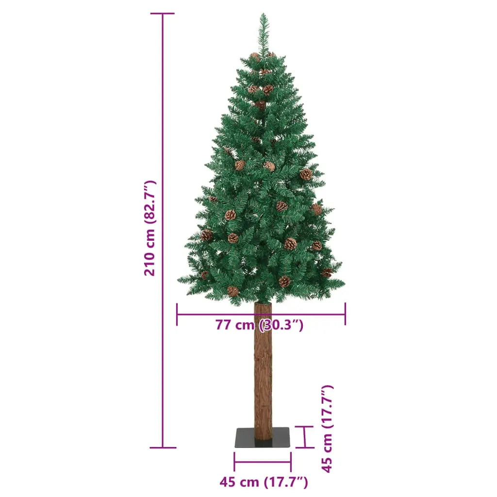 vidaXL Slim Christmas Tree with Real Wood and Cones Green 210 cm PVC Lucy And Phil Academy Lucy And Phil Academy